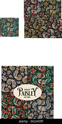 Élégante collection de motifs cachemire sans couture avec des tourbillons ornementaux dessinés à la main, des détails floraux et du poisson Koi dans Une illustration vectorielle décorative Illustration de Vecteur