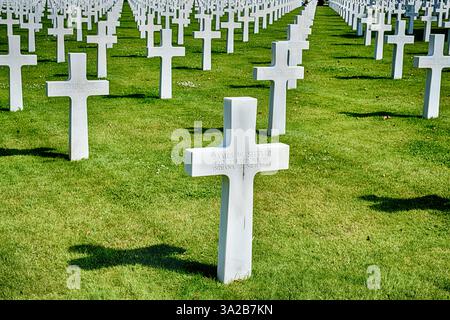 COLLEVILLE, FRANCE - 19 JUIN 2024 : des croix blanches marquent les tombes des soldats américains tués au combat lors de l'invasion de la France dans la seconde Guerre mondiale Banque D'Images