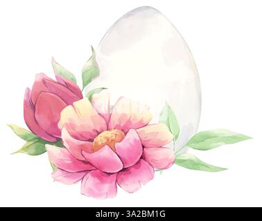 Œuf blanc avec arrangement floral. Pâques. Aquarelle Banque D'Images