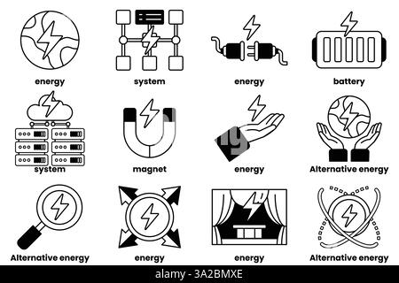 Un ensemble d'illustrations dans le concept d'énergie et d'énergie renouvelable dans un style de ligne Illustration de Vecteur