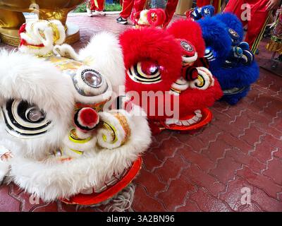 Les têtes de lion colorées sur le sol avant d'être enfilées par des danseurs ou des interprètes. La danse du lion est couramment exécutée pendant le nouvel an chinois, Banque D'Images