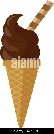 Délicieuse crème glacée à saveur de chocolat dans un cône de gaufrette, isolé Illustration de Vecteur