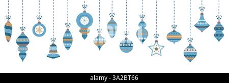illustration vectorielle eps avec différentes boules d'arbre de noël élégantes vintage avec ornements et décorations de fête de couleur bleue Illustration de Vecteur
