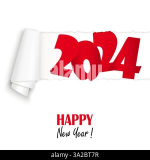 Papier blanc ouvert déchiré montrant 2024 et le texte Happy New Year Illustration de Vecteur