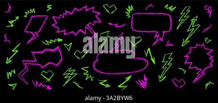 Ensemble de bulles de discours de dessin de crayon avec des coeurs et des flèches de style graffiti. Collection d'éléments de craie dessinés à la main avec des symboles grafitti de l'amour. Acide Illustration de Vecteur