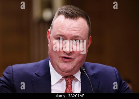 Washington, États-Unis. 12 mars 2025. Brian Somers, président de l’Utah Mining Association, témoigne devant le Comité sénatorial de l’énergie et des ressources naturelles lors d’une audience sur les règles fédérales sur l’exploitation minière, à Washington DC, le mercredi 12 mars 2025. Photo Aaron Schwartz/CNP/ABACAPRESS. COM Credit : Abaca Press/Alamy Live News Banque D'Images