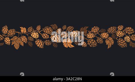Motif sans coutures en forme de cône Hops. Illustration vectorielle de céréales, impression de texture de la nature sur fond noir. Branche courbée à silhouette de plante. Design organique pour BE Illustration de Vecteur
