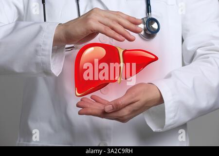 Docteur tenant illustration de foie sur fond gris, gros plan Banque D'Images