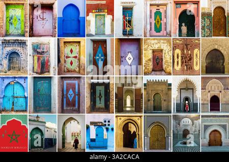 Une gamme vibrante de portes marocaines dans un collage coloré. Banque D'Images