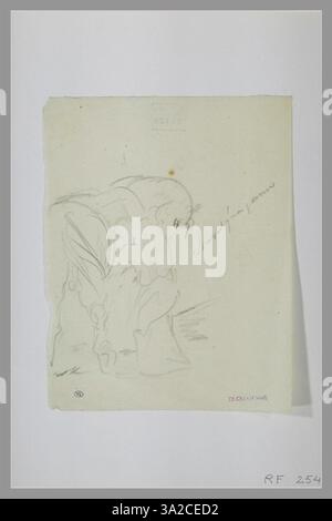Le croquis de Chassériau montre une figure masculine qui toilette un cheval, capturant l’interaction entre l’humain et l’animal. La posture de la figure et la forme du cheval sont délicatement rendues, en se concentrant sur l’acte de soin et d’attention. Banque D'Images