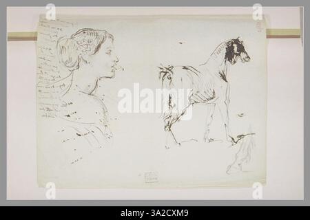 Étude de Chassériau de la jambe d’un cheval, axée sur la structure musculaire, les détails anatomiques et la forme. Le dessin fournit une étude précise du membre du cheval et du mouvement des muscles. Banque D'Images