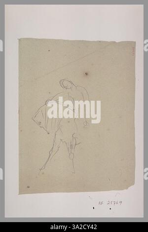 Ce dessin au verso représente un cavalier tourné vers l’avant avec la tête du cheval tournée vers la gauche. L'interaction entre cavalier et cheval est au centre de la composition. Banque D'Images