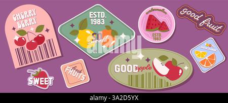 Pack d'autocollants de fruits rétro avec tranches de pastèque et fraise, citron et orange, pomme et cerises. Étiquettes et emblèmes de style vintage avec texture grunge. Ensemble de motifs funky à l'ancienne. Illustration de Vecteur