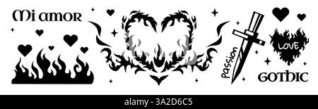 Ensemble graphique gothique passion - formes de coeur noir avec des flammes, des éléments de motif tribal, couteau et signes. Collection de symboles d'amour romantique sombre pour la conception de tatouage avant-gardiste, imprimé t-shirt, cartes de Saint-Valentin. Illustration de Vecteur