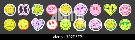 Autocollants d'émoticône expressif de visage groovy colorés avec un style lumineux - différentes expressions faciales drôles comme heureux, triste, en colère, confus et amoureux. Pack souriant amusant pour discuter sur les réseaux sociaux. Illustration de Vecteur