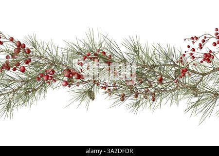Branches de pin dans une bordure horizontale sans couture. Illustration aquarelle dans le style numérique. Cônes de sapin et aiguilles de pin vert. Baies rouges d'hiver isolées Banque D'Images