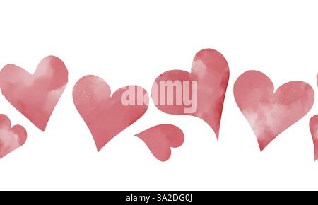Cœurs roses mignons sur motif sans couture. Coeurs valentin roses et rouges isolés sur fond blanc. Illustration numérique aquarelle. Frontière romantique avec esprit Banque D'Images