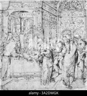 Dans ce travail, l'utilisation par Ysenbrant des caractéristiques caractéristiques caractéristiques du maniérisme d'Anvers - formes allongées, éclairage dramatique et détails complexes - sert à accentuer le sujet sacré, en se concentrant sur les aspects dévotionnels de la Renaissance du Nord. Banque D'Images