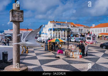 Mouette survolant le point de vue de Sitio à Nazare Banque D'Images