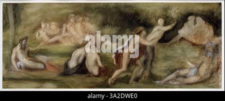 Apollon et Daphné dépeint le moment de la mythologie grecque où Apollon poursuit Daphné, qui se transforme en laurier pour lui échapper. La peinture illustre les thèmes du désir, de la transformation et des conflits mythologiques. Banque D'Images
