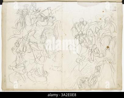 Ce dessin dynamique représente deux affrontements entre cavalerie arabe, en se concentrant sur l'intensité et l'action de la bataille. Banque D'Images