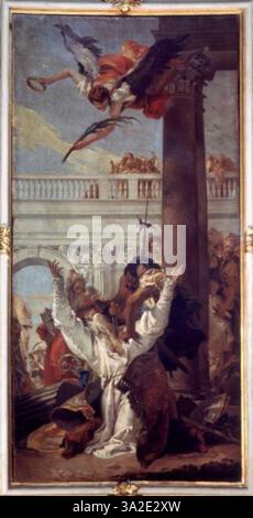 Le tableau du XVIIIe siècle de Giovanni Battista Tiepolo, le martyre de Saint Jean l’évêque, représente l’exécution violente du saint. La composition baroque souligne l'intensité de la scène avec une utilisation dramatique de la lumière et de l'ombre. L'œuvre est située à Bergame, Italie. Banque D'Images