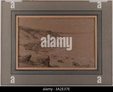 Dans ce paysage, Millet dépeint les falaises de Gréville avec des contrastes dramatiques entre lumière et obscurité. La peinture illustre sa maîtrise en dépeignant les terrains accidentés et la beauté sublime du monde naturel. Banque D'Images