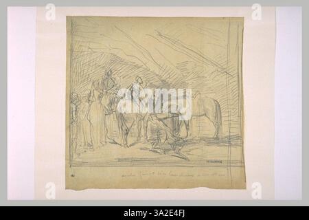 Des Arabes sont représentés arrosant leurs chevaux à une citerne, illustrant un moment de soin et d'interaction entre les personnages et leurs animaux dans une scène quotidienne. Banque D'Images