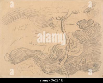 Un dessin de Vincent van Gogh représentant un paysage rural avec un accent sur la texture et le mouvement dynamique, mettant en valeur sa maîtrise de la ligne et de l'ombrage. Banque D'Images