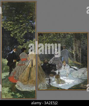 Le déjeuner sur l'herbe de Monet, peint entre 1865 et 1866, a été réassemblé à partir des sections originales qui ont été découpées au cours de la vie de Monet. La pièce montre un groupe de personnages ayant un pique-nique, placés contre un paysage naturel, avec un accent sur la lumière et l'ombre. Banque D'Images