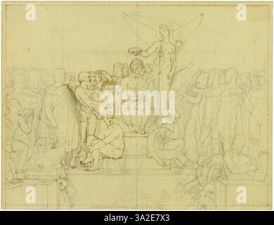 Cette étude de composition de Jean-Auguste-Dominique Ingres sert de croquis préparatoire à son œuvre plus vaste *L'Apothéose d'Homère*, mettant en valeur son approche de la matière classique et de l'arrangement des figures. Banque D'Images
