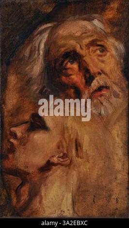 Ce tableau présente deux études de tête de Chassériau, mettant en valeur son habileté à capturer l'expression humaine. Le rendu détaillé met en évidence sa maîtrise de l'anatomie et son accent sur les traits du visage. Banque D'Images