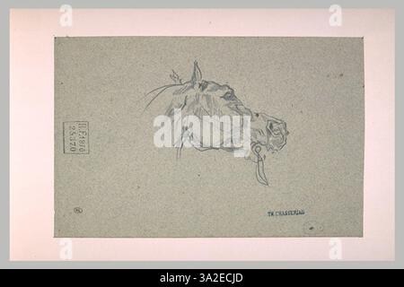 Ce dessin représente la tête d'un cheval de profil, tournée vers la droite. Chassériau se concentre sur l'anatomie et la structure du cheval, capturant l'élégance de la forme équine. Banque D'Images