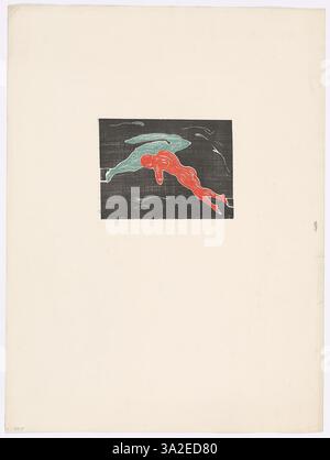 'Encounter in Space' d'Edvard Munch présente une interaction visuelle puissante entre deux personnages, placés dans un fond abstrait et vif qui renforce la tension psychologique entre eux. Banque D'Images