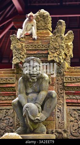 Macaque mangeur de crabe, macaque Java, macaque à longue queue (Macaca fascicularis, Macaca irus), est assis sur une sculpture, Indonésie, Bali, Monkey Forest Ubud Banque D'Images