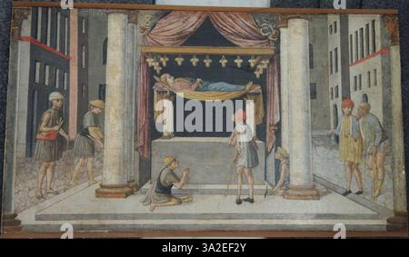 Ce panneau de prédelle, attribué à Cosme Rosselli, représente des scènes de la vie de Sainte Barbara, illustrant ses pouvoirs de guérison. L'œuvre remonte à entre 1460 et 1470, mettant en valeur le récit religieux compris Banque D'Images