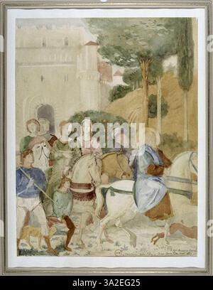 Abraham, Loth, leurs femmes et groupe de personnages montre les figures bibliques Abraham et Lot avec leurs épouses et autres. La scène se concentre sur les relations familiales et le récit biblique. Banque D'Images