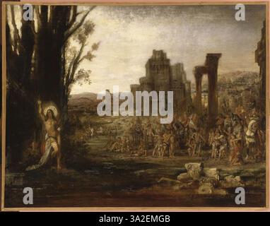 'Saint Sébastien aux archers' montre le martyre de Saint Sébastien, qui est percé de flèches. L’interprétation dramatique de Moreau se concentre sur la souffrance et la résilience du saint, mettant l’accent sur les aspects physiques et spirituels du martyre. Banque D'Images