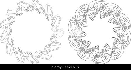 Contour d'agrumes tranches bordure de cadre de cercle dans un style minimaliste tendance. Concept de modèle. Copier l'espace. Illustration vectorielle isolée cartes thématiques, affiches ou bannière promotionnelle web, dépliants sur l'alimentation saine Illustration de Vecteur