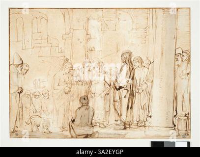 Cette pièce de l'école de Rembrandt dépeint la scène biblique de Jésus et de la femme prise dans l'adultère. L’artiste utilise la lumière et l’ombre pour mettre en évidence l’intensité émotionnelle de la scène, capturant le moment de pardon. Banque D'Images