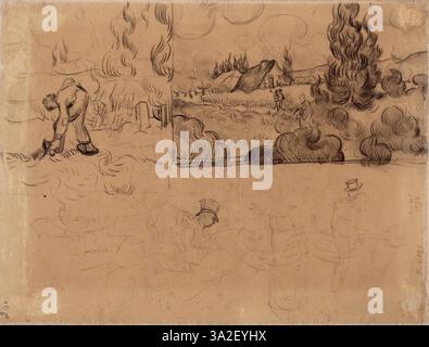 Un dessin de Vincent van Gogh représentant une scène rurale aux lignes dynamiques et à la forme expressive. L'image montre l'intérêt précoce de Van Gogh pour la nature et les paysages ruraux, capturant le mouvement et la texture de la scène. Banque D'Images