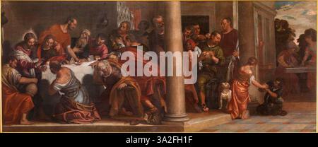 La *dernière Cène* de Paolo Veronese (vers 1580) représente le dernier repas du Christ avec ses apôtres. La composition souligne la grandeur de la scène, soulignant l'habileté de Véronèse à représenter des figures et l'utilisation de l'espace. Banque D'Images