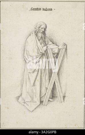 Ceci est une copie d'après la représentation de Jan van Eyck de l'apôtre André, montrant le saint dans une pose traditionnelle, soulignant sa signification religieuse et le naturalisme détaillé caractéristique du style de van Eyck. Banque D'Images