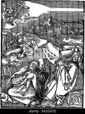 La gravure sur bois d’Albrecht Dürer, « Christ sur le Mont des oliviers », créée entre 1509 et 1511, représente le moment de prière et d’agonie du Christ dans le jardin. La gravure sur bois complexe met en évidence la compétence de Dürer à transmettre la profondeur émotionnelle et les thèmes religieux, reflétant le récit biblique. Banque D'Images