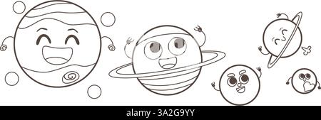 Illustration linéaire de vecteur spatial extérieur de Jupiter, Saturne, Uranus, Pluton, Neptune isolé sur fond blanc Illustration de Vecteur