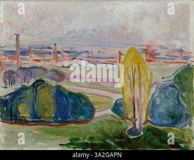 'View Across Chemnitzal' (1905) d'Edvard Munch, est une peinture de paysage à l'huile sur toile mettant en valeur la beauté naturelle de la vallée de Chemnitz. Le pinceau expressif de Munch met en valeur les éléments naturels dynamiques de la scène. Banque D'Images