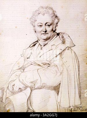 Jean-Auguste-Dominique Ingres incarne Guillaume Guillon Lethière, peintre français de renom, dans ce portrait raffiné. L’artiste souligne la présence intellectuelle de Lethière à travers la représentation soignée de ses traits faciaux et de sa tenue vestimentaire. Banque D'Images