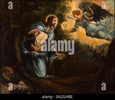 L’agonie dans le jardin, attribuée à Domenico Tintoretto, capture la lutte émotionnelle du Christ dans le jardin de Gethsémani. L'utilisation dramatique de la lumière et de l'ombre augmente la tension de la scène. Banque D'Images