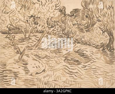 Un dessin de Vincent van Gogh représentant un paysage rural avec un fort accent sur la texture et le mouvement dynamique de la nature, exécuté en traits fins. Banque D'Images