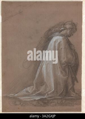 Cette étude préparatoire montre la Vierge agenouillée dans la 'Madonna Carondelet'. Le dessin se concentre sur son expression et l'arrangement des figures dans la composition de la scène sacrée du couronnement. Banque D'Images